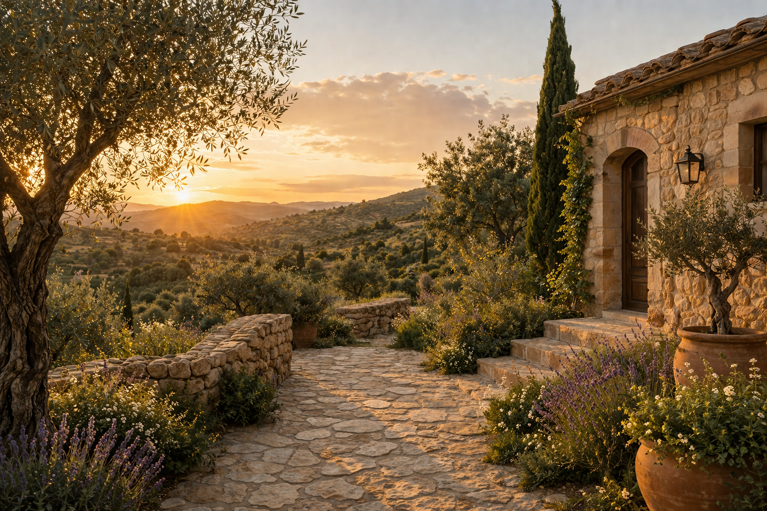Countryside house at sunset
